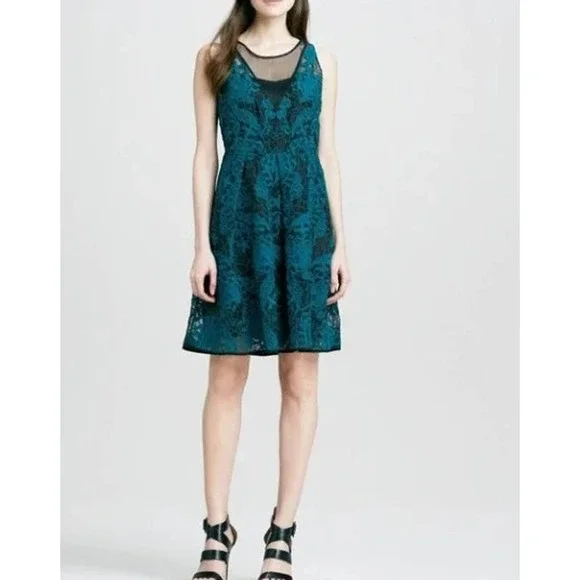 Yoana Baraschi | Dresses | Yoana Baraschi Black Teal Embroidered Lace Sheer  Fit Flare Dress | Poshmark